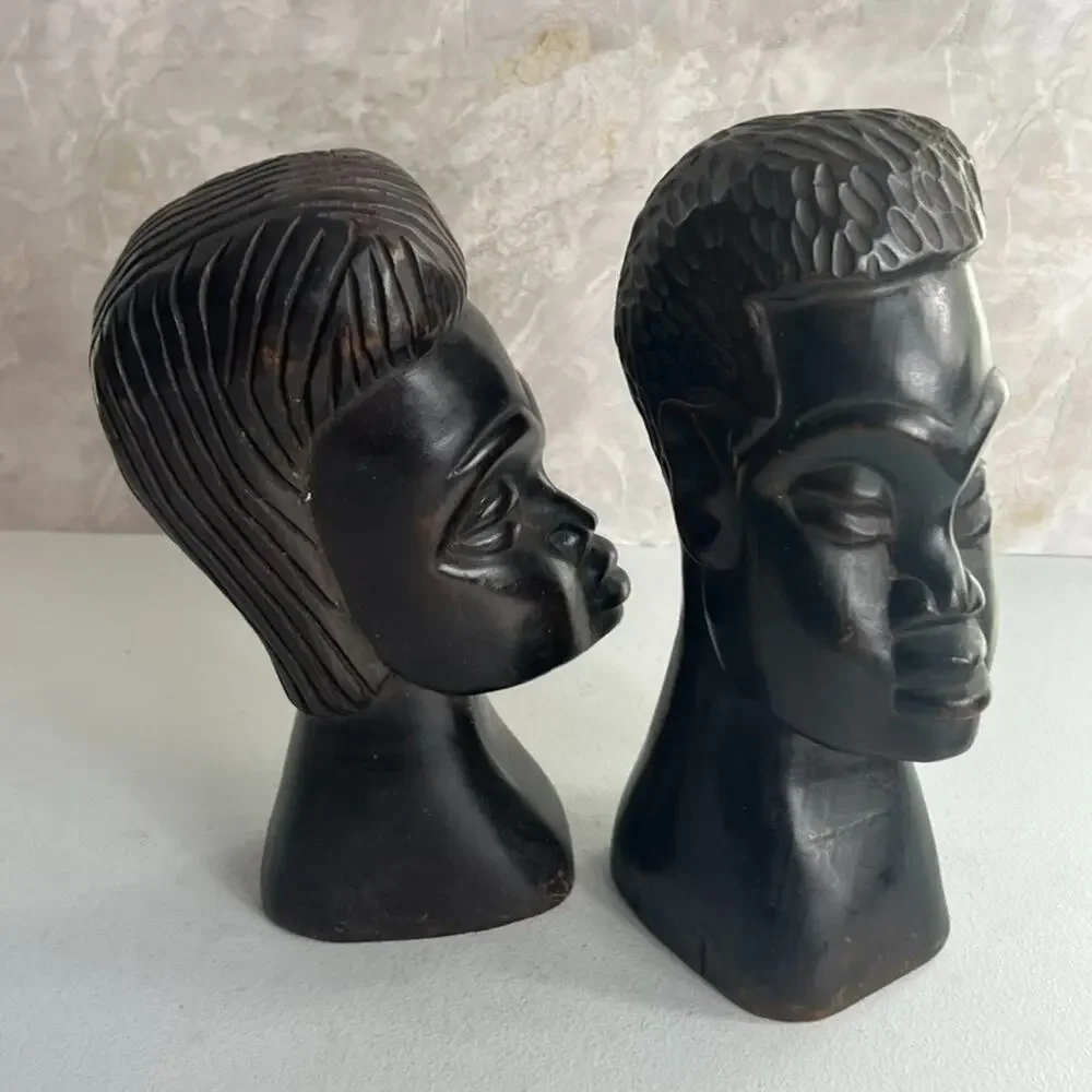 Vintage African Hand Carved Ebony Wood Head Sculptures 10.5